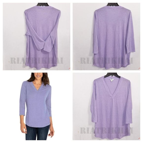 Haut Femme Orvis En Mélange Lin - Manches 3/4, Col V, Vert éther - Taille L, Neuf Avec étiquette